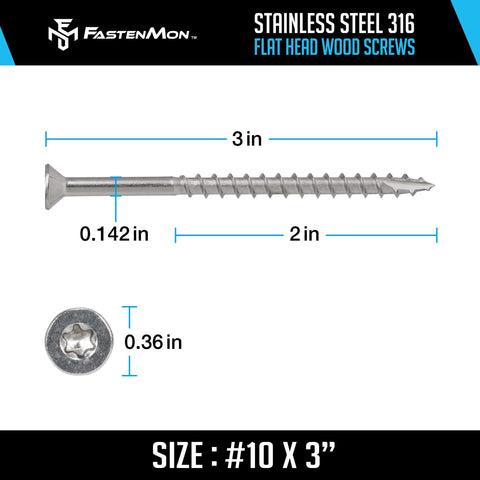 #10 x 3 Marine Grade Type 316 Stainless Steel Wood Screws - 300 Pack with T25 Bit - Torx Flat Head Type 17 Point Ideal for Decks, Fences, and Coastal Construction - Canadian Ball Bearing Supplier.