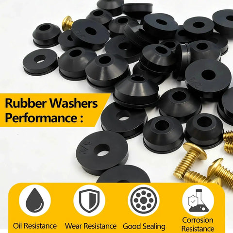 114 Piece Faucet Washer Kit With 12 Sizes Of Flat And Beveled Rubber Washers And Brass Bibb Screws For Outdoor Spigot Hose Bib Garden Valve Repair And Replacement, showing rubber washers and brass screws.