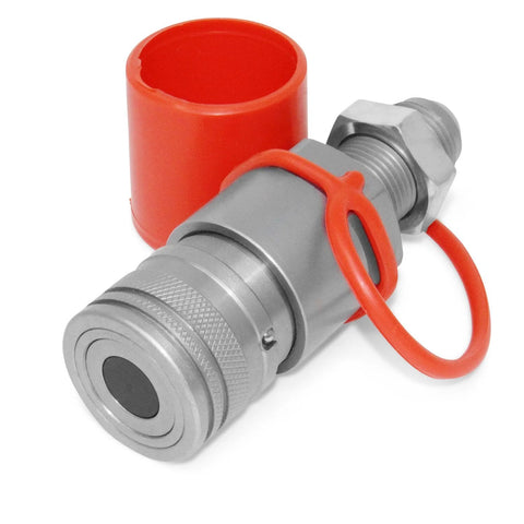 Summit Hydraulics flat-face hydraulic quick-connect coupler with bulkhead skid steer mount, gray metal, red cap