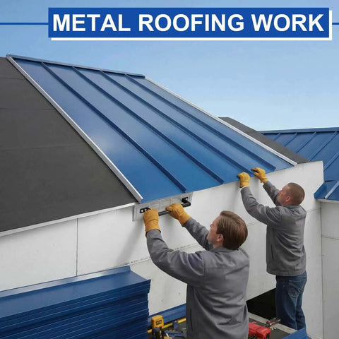 Two workers installing a metal roof using an 18 Inch Sheet Metal Folding Tool Steel Bender for standing seam and drip edge applications.