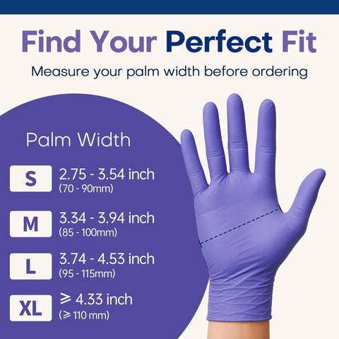 Size guide for Nitrile Exam Gloves 3 Point 5 Mil Powder Free Latex Free Food Safe Disposable Medical Lab Gloves Ideal For Cooking Cleaning Handling With Enhanced Tactile Sensitivity Violet Blue 100 Pcs Medium