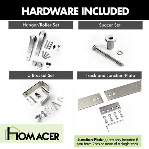 Brushed Nickel Double Track U Shape Bypass Sliding Barn Door Hardware Kit For Two Doors, 6.6ft Flat Track components included