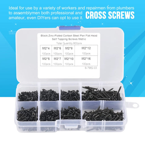 800 Piece M2 Self Tapping Screws Set In High Hardness Carbon Steel Flat Head For Wood Electronics Machinery Projects Self Drilling Screws For Electronics Durable Neatly Organized By Size in transparent case