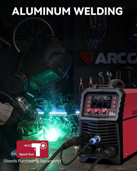All In One 6 In 1 MIG Welder With Gas, Flux Core, Stick MMA, Lift TIG, Spot Weld, Spool Gun Ready Aluminum Multi Process Welder, 200Amp, LED Display in use