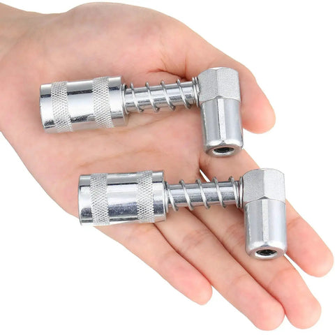 90 Degree Grease Coupler And Gun Adapter Two Pack With 3 Jaw Swivel Right Fittings For No Spill Greasing Quick Lock And Release Grease Gun Tips For Farm Auto Truck And Industrial Use