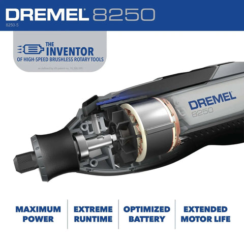 Cutaway view of Powerful 12V Cordless Rotary Tool With Brushless Motor From Dremel, highlighting internal components and motor.