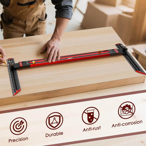 Adjustable Stair Tread Template Tool With Solid Aluminum Alloy Jig, No Assembly Required, shown on wooden surface in use.