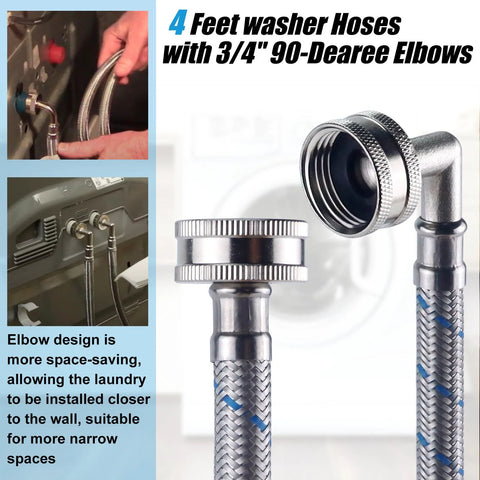 Washer hoses, 4 ft braided stainless steel with 3/4 in NPT fittings and 90-degree elbow, 2-pack