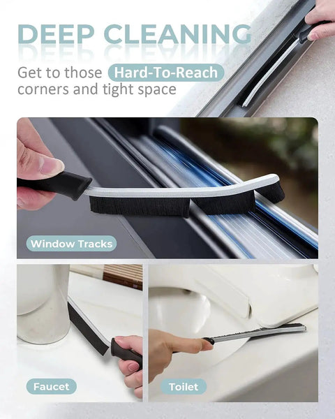Using hard bristle crevice cleaning brush for grout and tight gaps non slip handle on window track and faucet