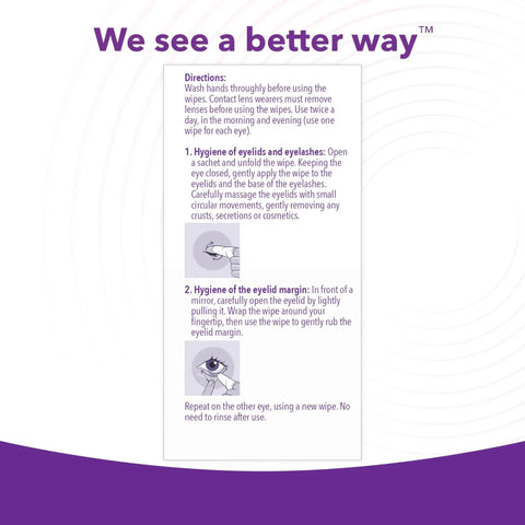 Instructions for using preservative-free micellar no rinse eyelid cleansing wipes for sensitive eyelids.