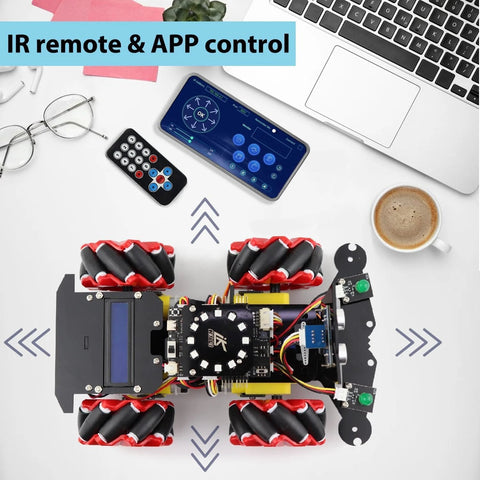 4WD Smart Car Robot Kit With Mecanum Wheels For Arduino STEM Education Project, shown with remote and app control features