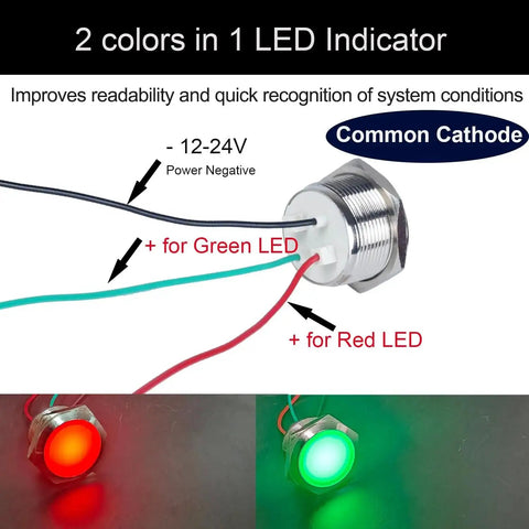 22mm Dual Color Metal LED Indicator Light Waterproof Common Cathode Red And Green With Wires 12V To 24V