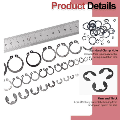 312 Pcs Snap Rings Kit With C Clips And E Clips Manganese Steel Retaining Ring Set M4 To M28 And 1.5 To 10mm shown with ruler for scale