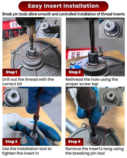 Illustration of easy insert installation steps using complete 131 piece thread repair kit with HSS drill bits taps and inserts.