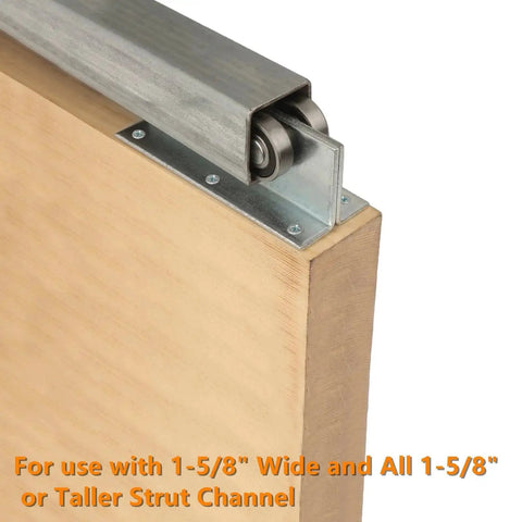 Four Wheel Trolley Assembly Roller For Strut Channel Heavy Duty Barn And Shed Sliding Doors Compatible With One And Five Eighths Inch Wide Strut Channel Two Pack Reinforced Steel Plate Smooth Rolling Durable Door Hardware installed on wooden door