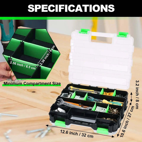 Must Have Dual Side 34 Compartment Hardware Organizer Box With Removable Dividers And Transparent Lid, open view with tools inside.