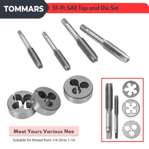 Jumbo 51 Piece Tap And Die Set For 1 4 20 To 1 14 SAE Threads with T Handle Tap Wrench and Die Wrench, ideal for metal repair.