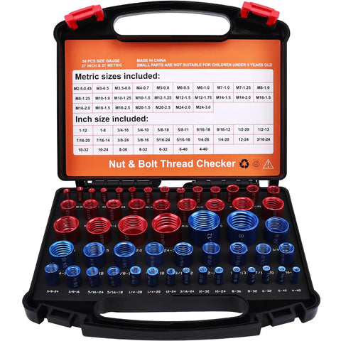 54-Piece Nut And Bolt Thread Checker Kit For Tight Spaces With 27 Inch And 27 Metric Sizes Pro Grade Bolt And Nut Identifier Gauge In An Organized Foam Tray For Quick Inspections showing organized metric and inch gauges.