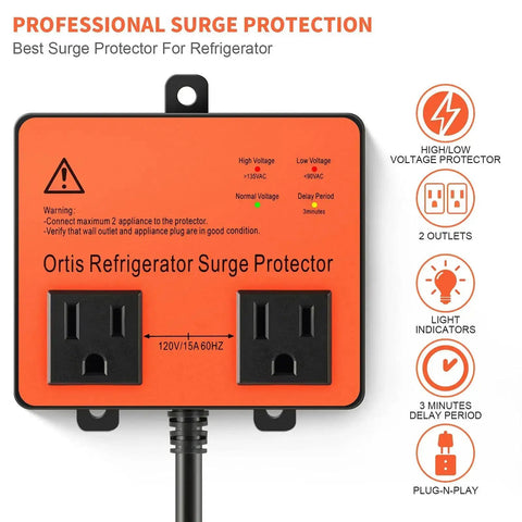 Beefed Up Refrigerator Surge Protector with Double Outlet Voltage Guard and Time Delay in Black, front view