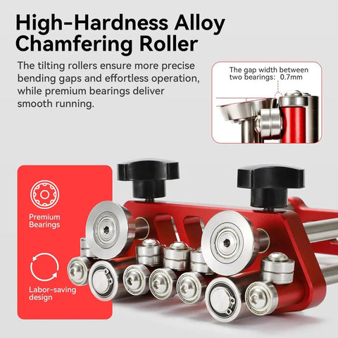 Red handheld sheet metal roller and bender with high-hardness alloy, showcasing premium bearings and chamfering roller