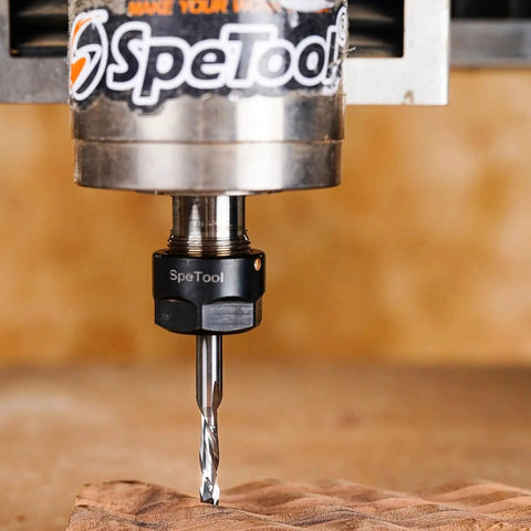 Compression Router Bits Set For CNC Woodworking With One Quarter Inch Shank And One Quarter Inch Cutting Diameter Carbide Up Down Cutters End Mills For Carving Slotting And Edge Cutting In One Quarter Inch Collet Routers SpeTool shown in a router installation