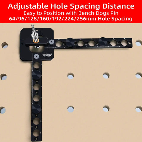 Go-To Precision 20mm Bench Dog Hole Drill Guide And Template for building MFT table tops on a workbench with adjustable spacing.