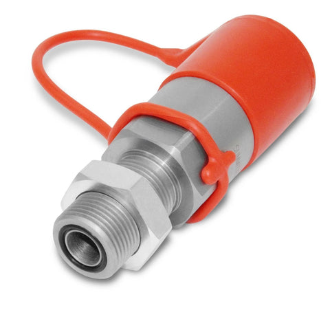 Summit Hydraulics 5/8 ORFS bulkhead hydraulic quick-connect coupler with red protective cap, skid steer mount