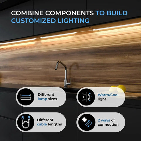 Wave On Wave Off Under Cabinet LED Lighting Kit illuminating a kitchen counter, showing flexible component options with lamp sizes and cable lengths.
