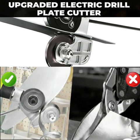 Close-up of Pro Grade Drill Nibbler Attachment for sheet metal cutting, featuring coated blade and universal adapter for electric drills.