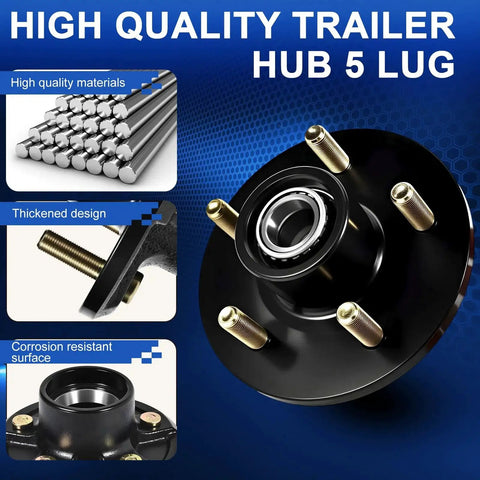 Heavy Duty Trailer Hub Kit For 3500 Pound Axles With 5 On 4.5 Inch Bolt Pattern, showing high quality materials and corrosion resistance