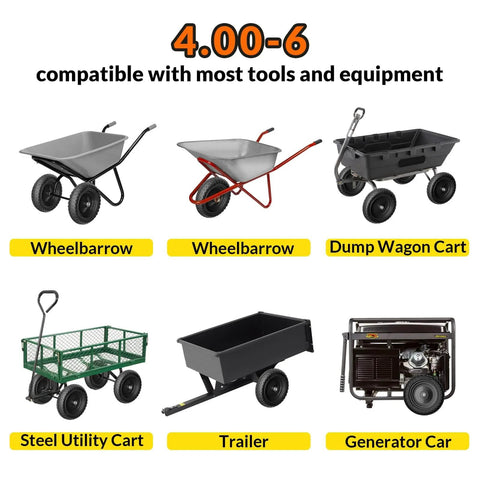 Various garden carts and utility equipment compatible with 4.00-6 flat free tire and wheel set, including wheelbarrows and trailers.