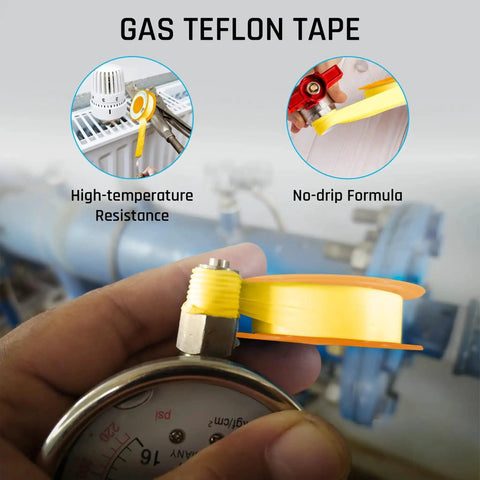 Close-up of yellow gas pipe thread sealant tape being applied on a pipe, labeled as high-temperature resistant and no-drip formula.