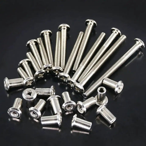 Phillips Countersunk M6 Screws Set 20, 30, 40, 50, 60, 70, 80mm Assorted Bolts Dowel Barrel Nuts Hardware Kit on black background