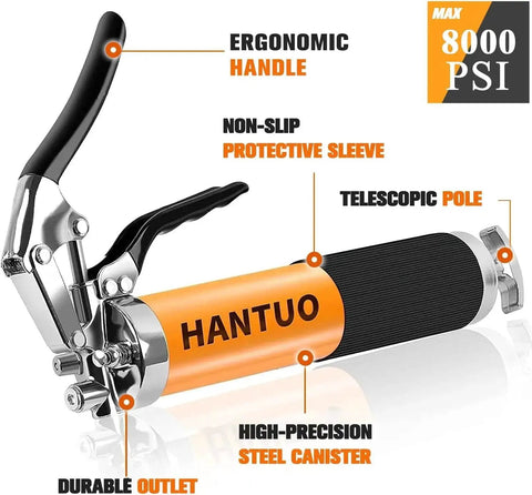 Heavy Duty Pro Grade Grease Gun With Quick Release Coupler 8000 PSI Pistol Grip Kit 14 Oz featuring ergonomic handle