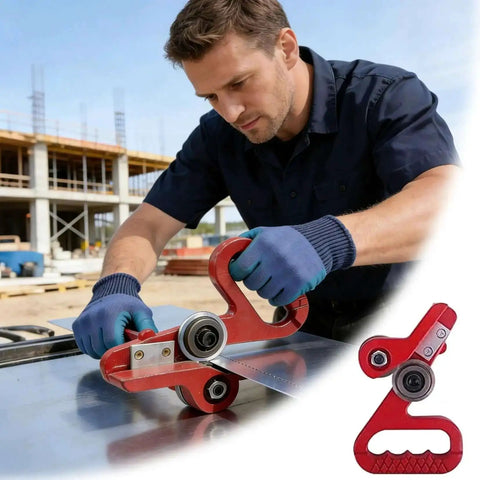 Man using Pro-Grade Dual-Wheel Slitter Tool for Metal, Vinyl and Cardboard on metal sheet, illustrating its portable hand pull cutter capability.