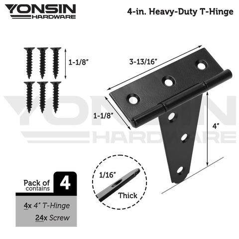 4 Inch T Strap Shed Door Hinges 4 Pack Heavy Duty Black Finish For Wooden Fence Gate Outdoor Barn Door Hardware 2mm with screws