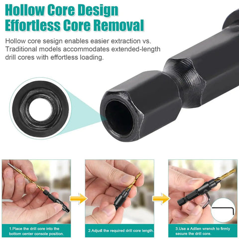 Hollow core design of Five Piece Wood Countersink Drill Bit Set With Depth Stop And Adjustable Length For Precise Wood Finishing