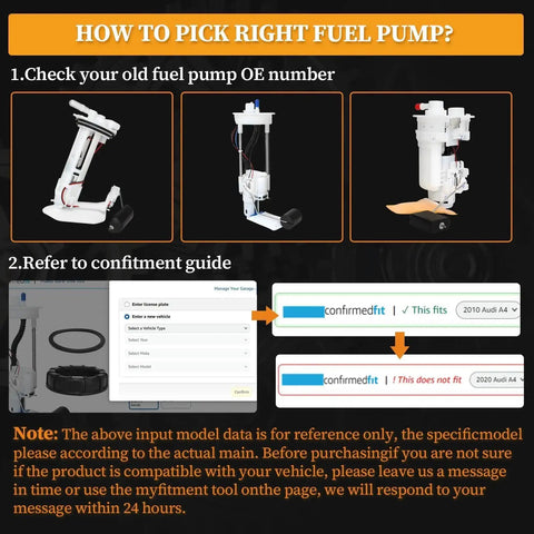Guide on selecting the correct fuel pump with OE number and confirmation guide for compatibility check.