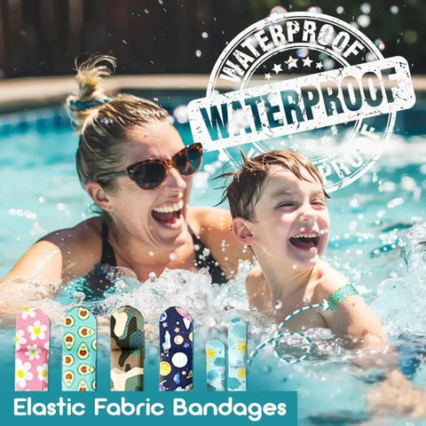 Pocket Size 105-Piece First Aid Kit with waterproof bandages, showing mother and child swimming with elastic fabric bandages for all-weather protection.