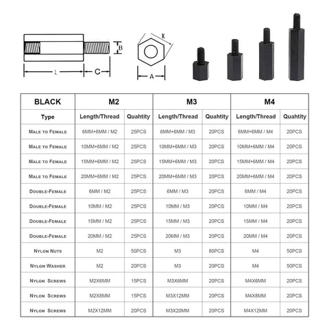 320 Piece M2 Nylon Hex Spacer Standoff Kit With Male And Female Screws Nuts And Spacers Black Durable Nylon Includes Plastic Case Easy To Install Great For Electronics DIY Projects size chart and components