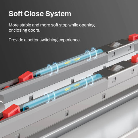Close-up view of soft close mechanism on Heavy Duty Aluminum Bypass Barn Door Sliding Closet Hardware Track Kit With Soft Close Built To Last For Wide Openings Up To 79.2 Inches Supports 150 Lbs Per Door For Door Thickness 1.3 To 1.57 Inches No Door Included