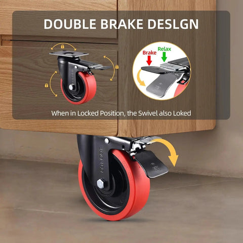 Installed view: heavy-duty 5-inch caster wheel set (4) with red TPR wheels; 2 fixed, 2 swivel with brakes