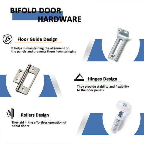 Bifold door hardware kit showing floor guide, hinges, and rollers for Bifold Closet Door For 30 x 80 Opening, 6 Lite Panel Hollow Core With Hardware Kit, Durable MDF And PVC Covered Construction, Moisture Resistant, No Painting Required, Ideal For Wardrobe And Pantry, White Interior Doors.