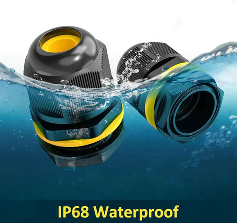 M25 Cable Gland 1.5 Thread Black IP68 Waterproof Connector submerged in water, highlighting durable PC and PA66 nylon construction