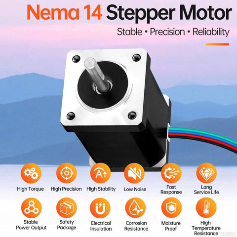 Nema 14 Stepper Motor Two Phase 1.8 Degree High Torque Bipolar 41 Ncm 58 Oz In 58mm Long Body displayed with benefits icons