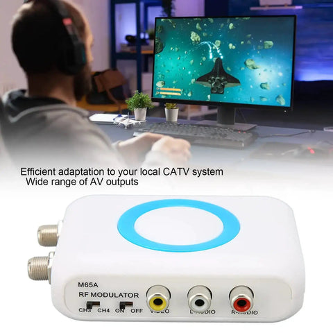 Digital RF Modulator And NTSC Coaxial Converter for CATV systems on a desk with AV outputs, used for local TV broadcast modulation