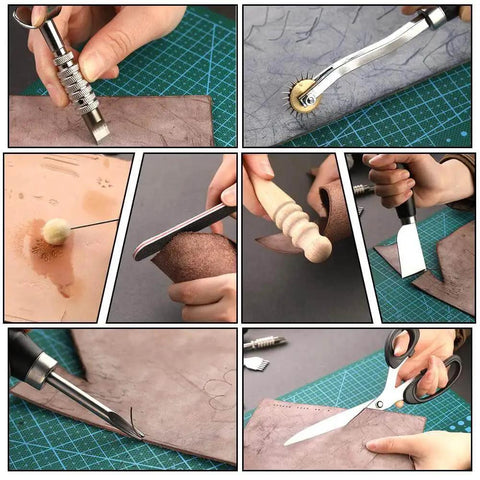 Hands using All In One Leather Craft Tools Set For Carving Stamping Sewing Punching And Cutting With A Custom Storage Bag 72 Piece