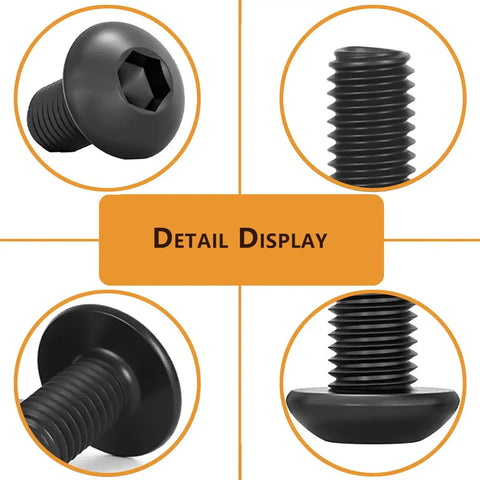 Detailed view of screws from All In One M6 T Nut And Screws Kit For 1010 Aluminum Extrusion, showing black finish and threading.