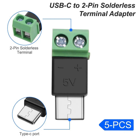 USB Type C Solderless Connector Screw Terminal Adapter USB C Male To 2 Pin Terminal Block 5V Power Output Great For Extension