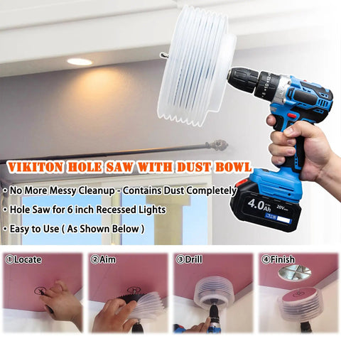 Bi-Metal Six And A Quarter Inch Hole Saw Kit With Dust Bowl Catcher by VIKITON in use for recessed lighting.